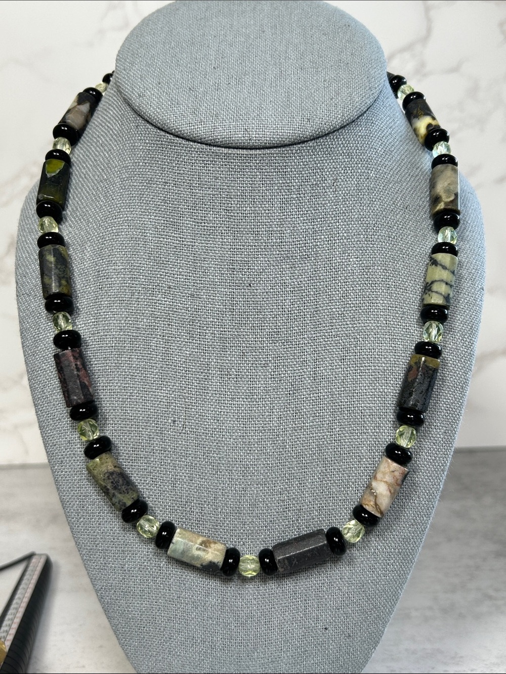 Multicolor Jasper, Serpentine and Black Glass & Uranium Glass Bead Necklace